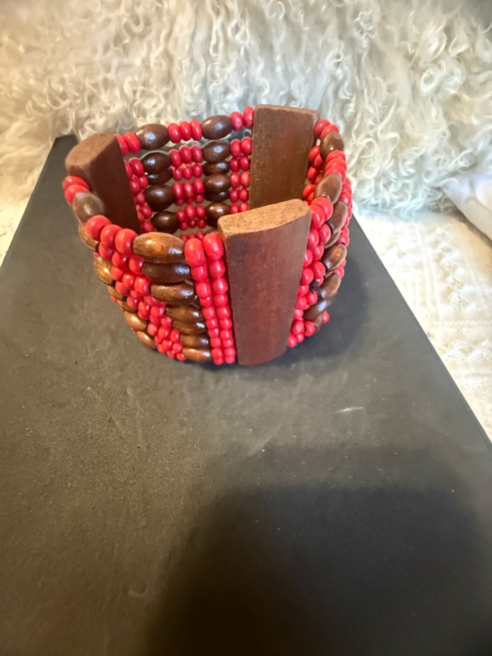 Wood and Red Beaded Wide Stretch Bracelet